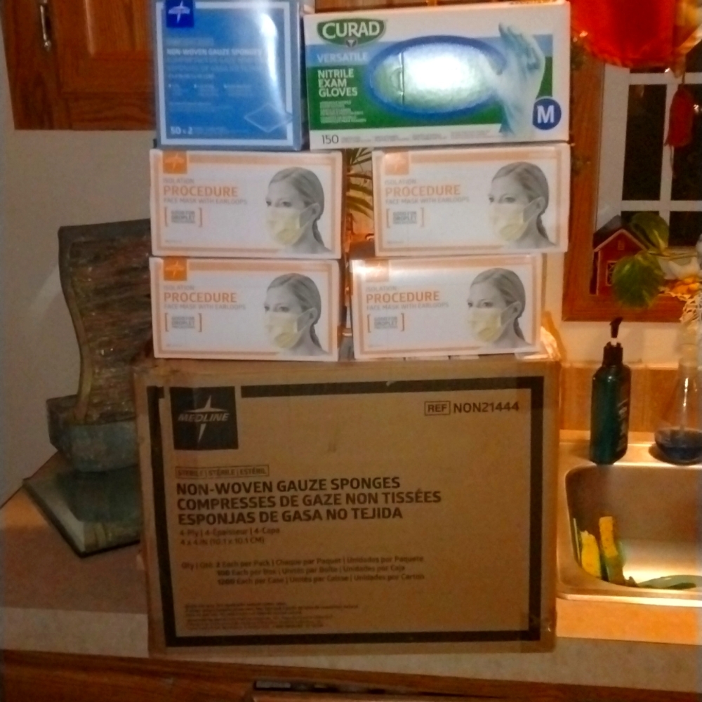 12 pks. Of 50 Gauze pads 1 case , 1 Box of 150 Gloves , 4 Boxes of 50 mask
